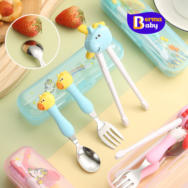 Berma baby ชุดช้อนส้อมเด็ก 3 ชิ้น/ชุด วัสดุสแตนเลส การออกแบบการ์ตูน ฝึกการหัดจับของเด็ก