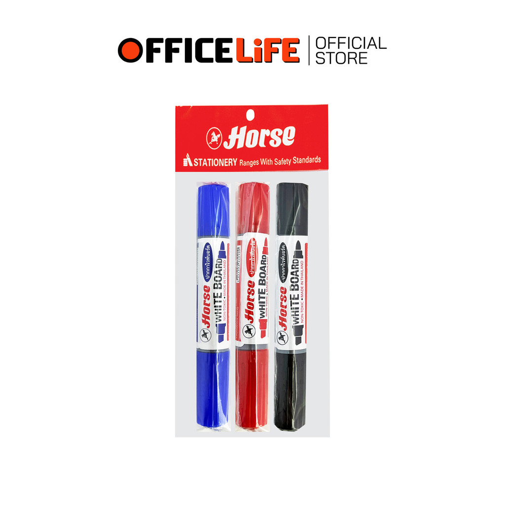 HORSE (ตราม้า) ปากกาไวท์บอร์ด ปากกา ไวท์บอร์ด 2 หัว ( แพ็ค 3 ด้าม คละสี )