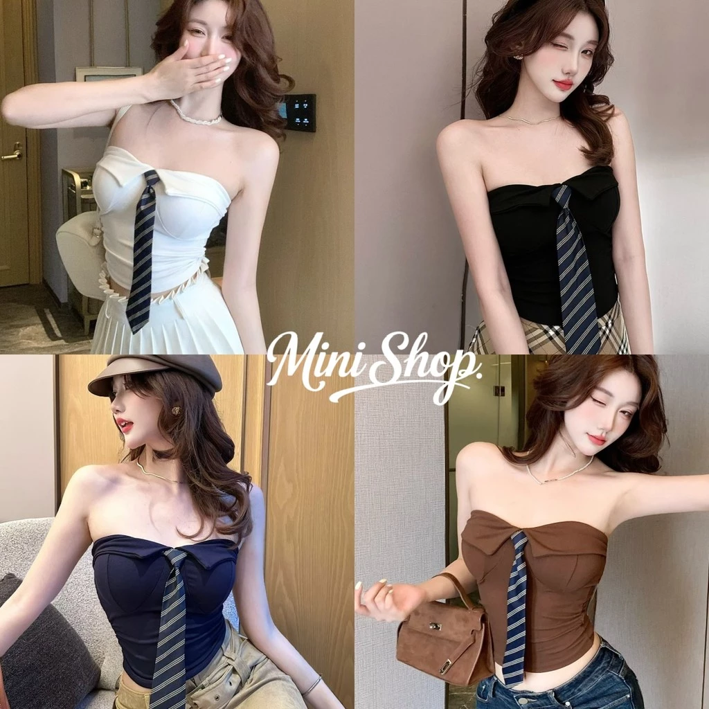 Mini shop🌸พร้อมส่ง🌸(FY5608) เสื้อเกาะอก เสริมฟองน้ำ ดีเทลแต่งเนคไท สีพื้นสไตล์สาวจีน เสื้อแฟชั่น สายเดี่ยว