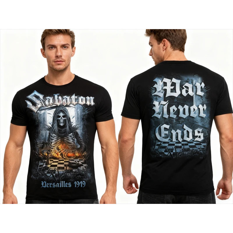 ทีเชิ้ตวงดนตรีเมทัลสวีเดน Sabaton พิมพ์หน้าและหลัง ทีเชิ้ตผู้ชายผู้หญิงขนาดใหญ่ Y2k สตรีทฮิปฮอปแขนสั