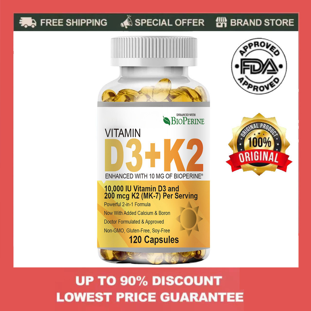 วิตามิน D3 K2 10000 IU(250mcg) D3 + 200mcg K2 MK7 การขยายพอร์ตภูมิคุ้มกันด้วย BioPerine