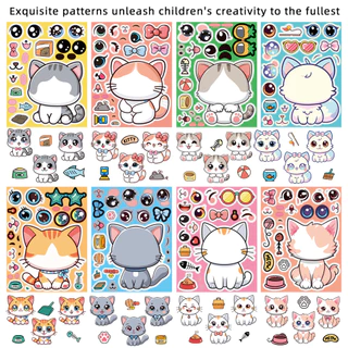 8ชิ้นแมวใบหน้าเปลี่ยนสติกเกอร์เด็ก ทําเอง ตรัสรู้ปริศนาของเล่นสติกเกอร์