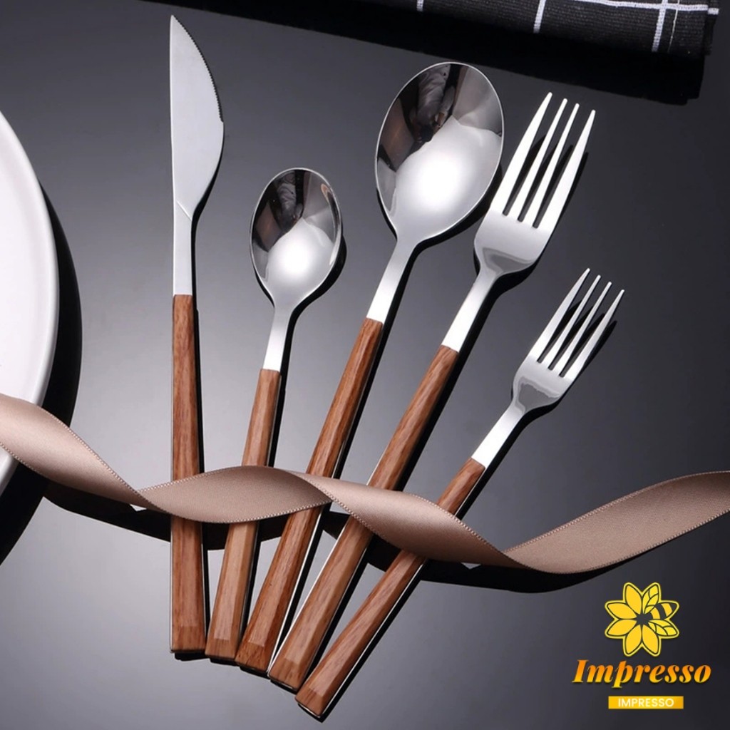 Impresso ช้อน ส้อม มีด (มีดโต๊ะ) สไตล์ด้ามจับเลซิ่นลายไม้ ช้อนส้อมสแตนเลส 1 ชิ้น Tableware