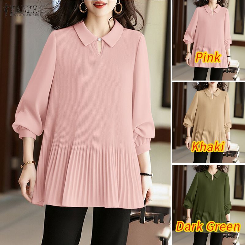 ZANZEA ผู้หญิงเกาหลี Elegant Officewear ปก 3/4 แขนโคมไฟ Pleats Hem Midi A-Line เสื้อเบลาส์ — صورة 3