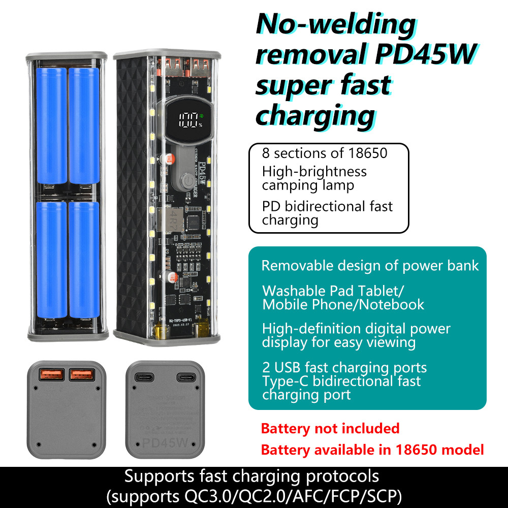 PD 45W Super Fast Charging Transparent Power Bank Case Kit Solder-Free 8-Cell 18650 กล่องแบตเตอรี่พร้อมไฟกลางแจ้ง