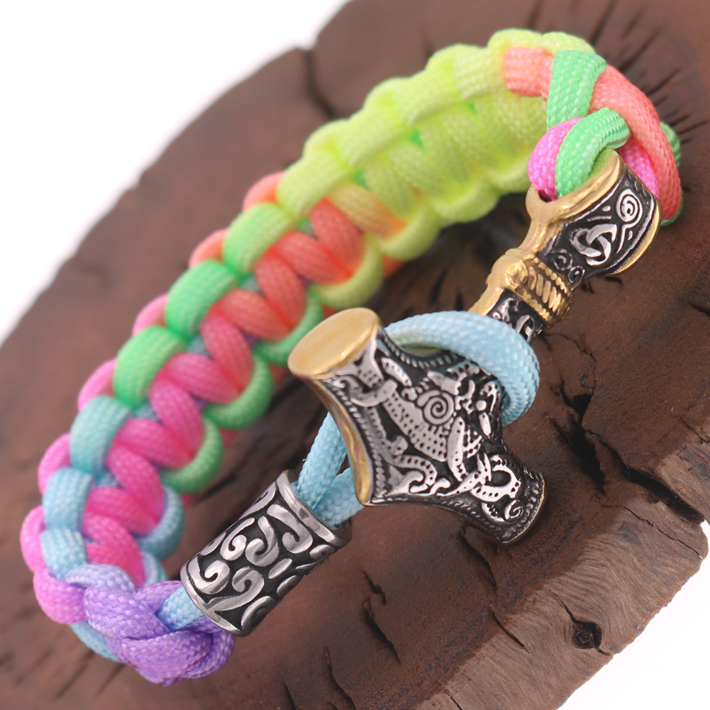 Spot Goods#Rainbow Handwoven Paracord Bracelet Nordic Style Thor's Hammer Stainless Steel Women's Je
