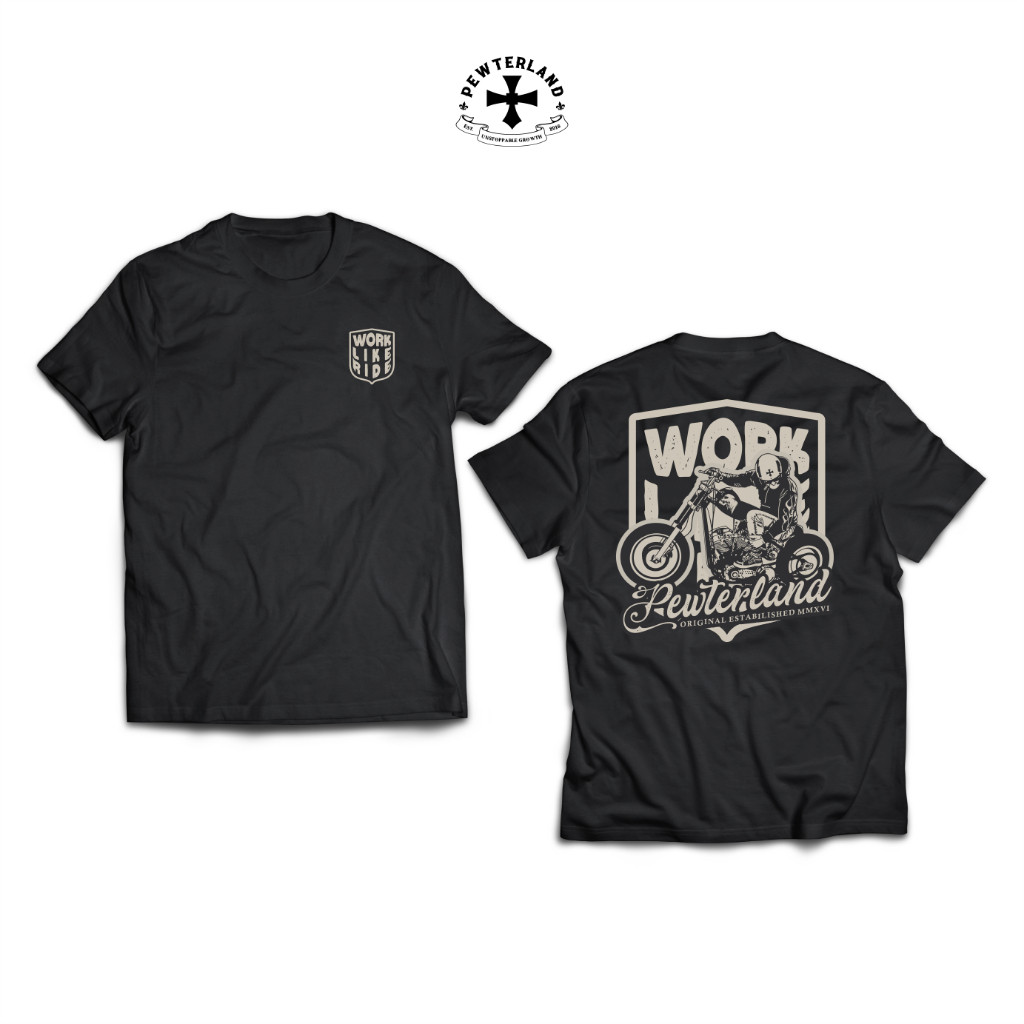 เสื้อยืด Pewterland สีดํา Work Like Ride ผู้ชายและผู้หญิงแขนสั้น