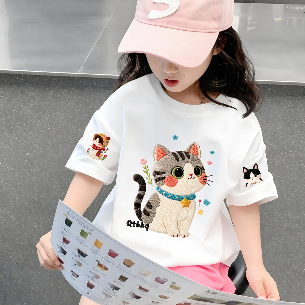 Yout-children เสื้อเด็ก ของเด็ก เสื้อคอกลม cotton ลายพิมพ์ทันสมัย 'Embroidery Cat' สบายและนุ่ม ระบายอากาศดี อายุ 2-9 ปี