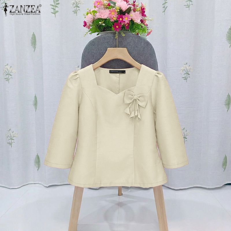 ZANZEA ซานเซีย สวมใส่ง่ายสไตล์เกาหลีสำหรับผู้หญิง คอเหลี่ยมแขนยาว 3/4 มีซิปด้านข้าง ทำจากผ้าซาติน — صورة 4