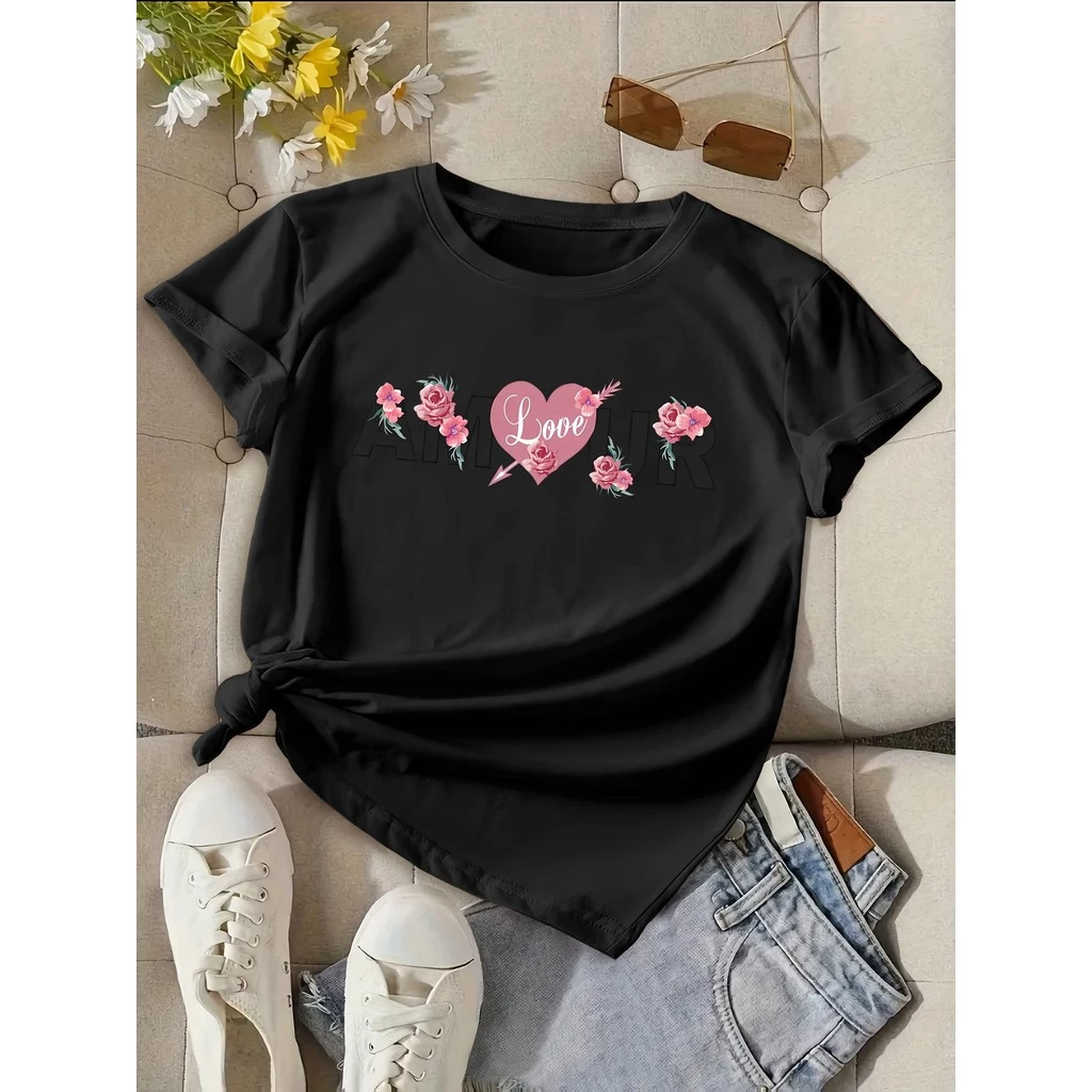 เสื้อยืดผู้หญิงคอวี AMOUR ลายหัวใจและดอกไม้สีชมพู thumbnail 4