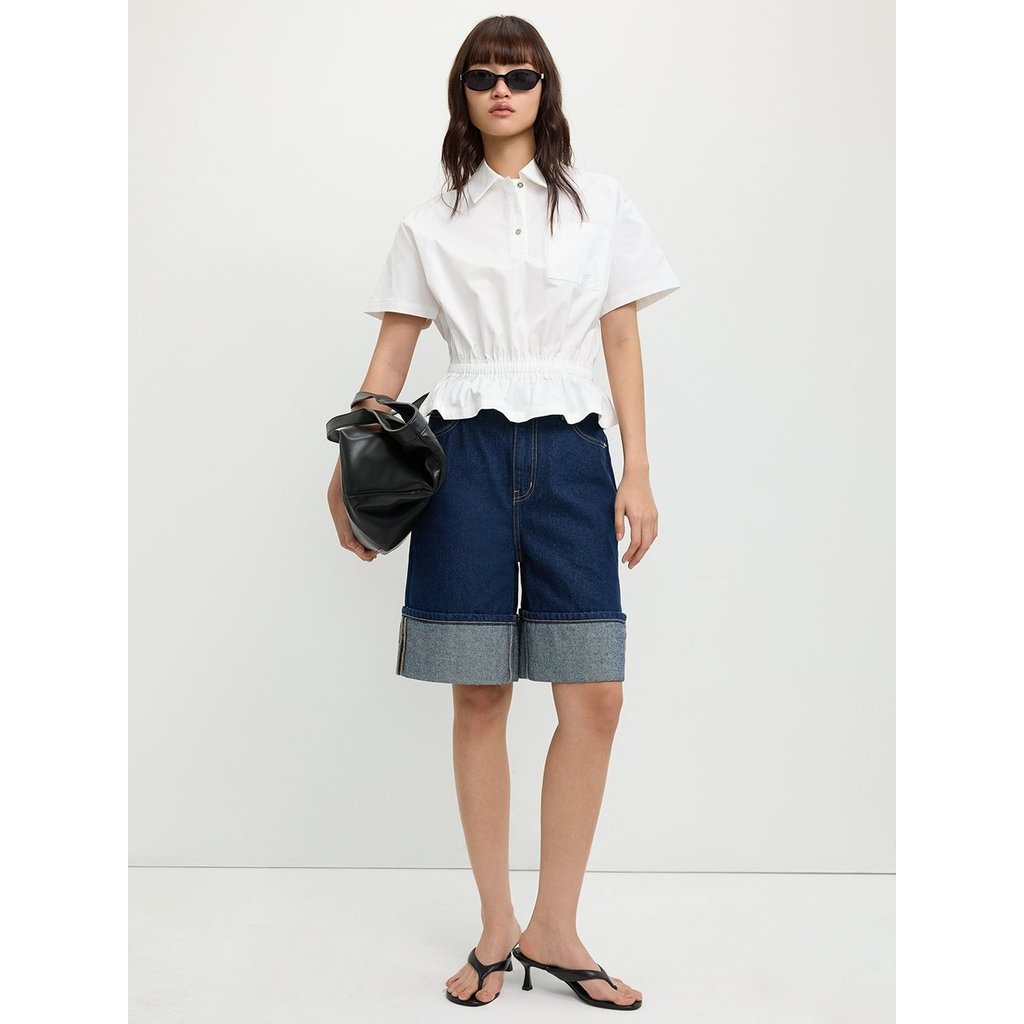 [Pomelo] เสื้อโปโลแขนสั้นดีเทลสม็อคเอว / Polo Blouse with Gathered Hem – White