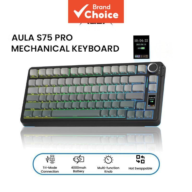  คีย์บอร์ดกลไกไร้สาย AULA S75pro โหมดบลูทูธ/2.4G/USB-C พร้อมไฟ RGB คีย์แคป PBT สลับได้ มีปุ่มมัลติฟังก์ชั่น