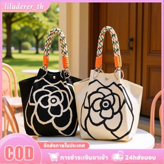 กระเป๋าถักด้วยดอกกุหลาบสีดำพร้อมฐานสีขาว กระเป๋าถือ วัสดุถัก…