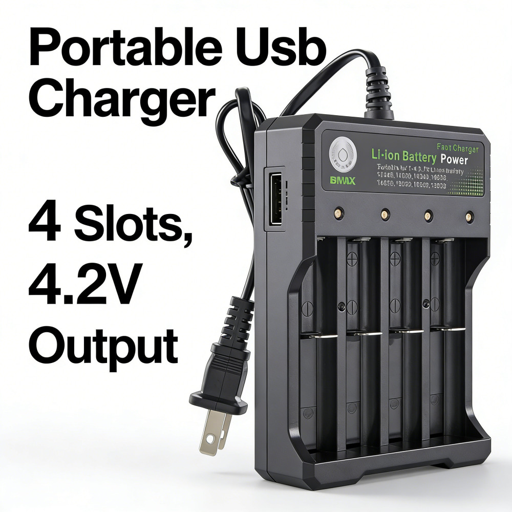 Lithium Ion Battery Charger 18650 4 Slots Portable Travel USB Charger Output 1800mA DC 4.2v 4 Slots 
