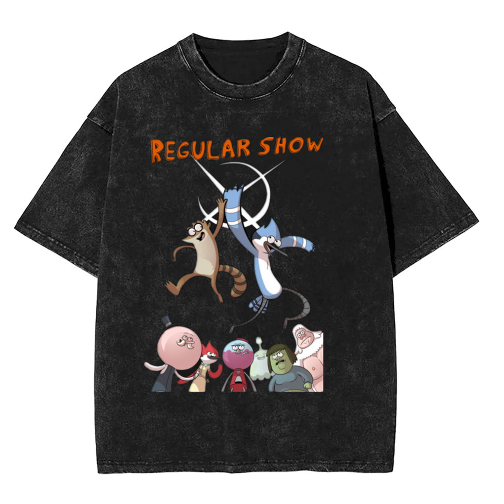 การ์ตูนRegular Show graphic 100% ผ้าฝ้าย Heavyweight Washed short-SLEEVE เสื้อยืดสําหรับผู้ชาย