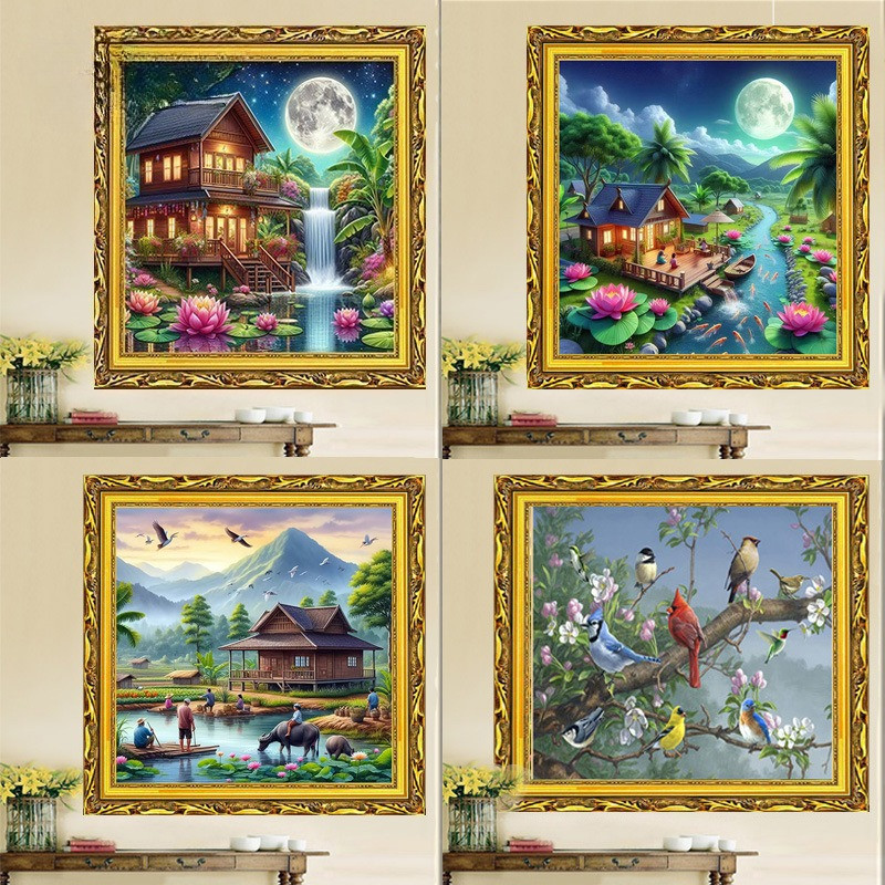 DIY ด้ายฝ้าย 11CT พิมพ์ Precision CROSS Stitch สไตล์ยุโรปนกและดอกไม้ภูมิทัศน์ห้องนอนชุดปักครอสติสเย็บปักถักร้อย