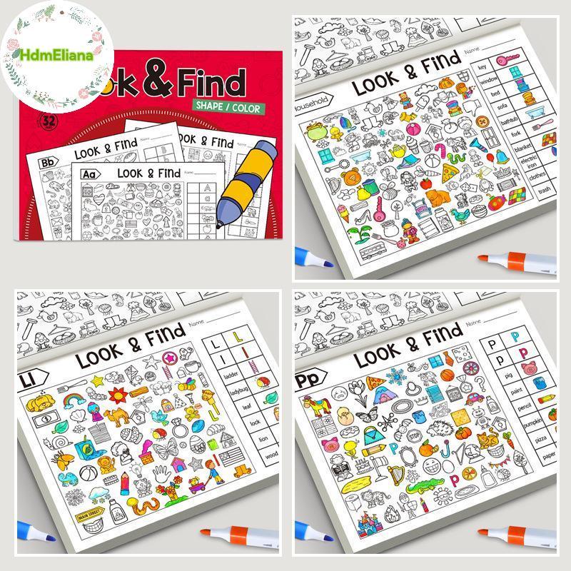 HdmEliana 1 ชุด Interactive ของเล่นเพื่อการศึกษา 50 + ซ่อนวัตถุ Look & Find Visual Puzzle Book สําหรับเด็กสีและรูปร่างกิจกรรมค้นหา TH