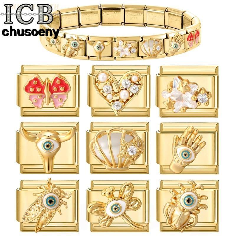 สร้อยข้อมือสแตนเลส พร้อม charm เพชรอิตาเลียน ขนาด 9 มม., ของตกแต่งสำหรับสร้อยข้อมือ