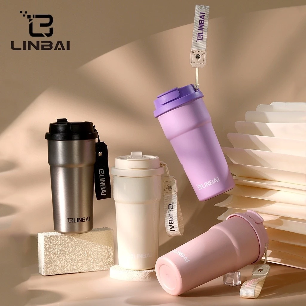 LINBAI 17OZ Ceramic Liner แก้วกาแฟสแตนเลสพร้อมฝาปิดกระติกน้ําสูญญากาศแก้วน้ําร้อนและเย็น - สีม่วง