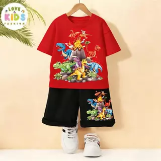 ชุดเด็กชายสนุกๆ ลายไดโนเสาร์หลายสายพันธุ์รอบภูเขาไฟ | เสื้อ+กางเกงขาสั้น ใส่สบาย คุณภาพดี | Dinosaur Volcano Adventure S
