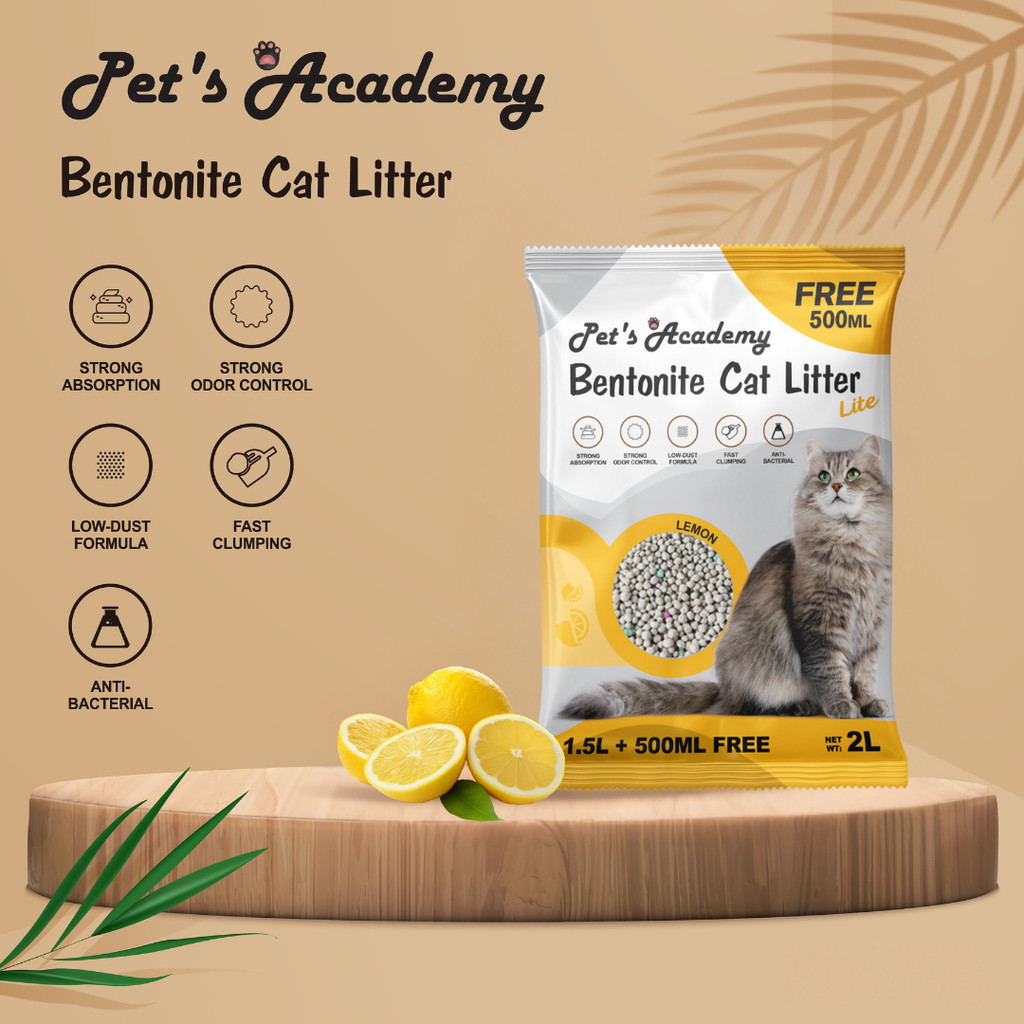 PETS ACADEMY Lemon Bentonite Cat Litter 2L ป้องกันแบคทีเรีย ควบคุมกลิ่น การดูดซึมอย่างรวดเร็ว Pasir 