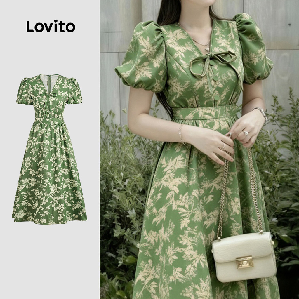 Lovito แพทเทิร์นชุดเดรสลําลอง ผูกด้านหน้า ชายระบาย สําหรับฤดูใบไม้ผลิ/ฤดูร้อน สีเขียว สําหรับผู้หญิง