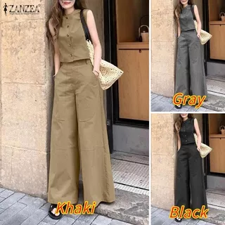 ZANZEA ชุดสองชิ้นสำหรับผู้หญิง สไตลมินิมอลเกาหลี ลูกเรือนอกคอเดียว แขนกุดเอวสูง