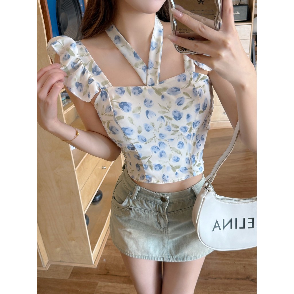 (SLIM ONLY) Bluehouse Tanktop Floral Motif Crop Top Bow Knot Sexy Tanktop Womens Tanktop