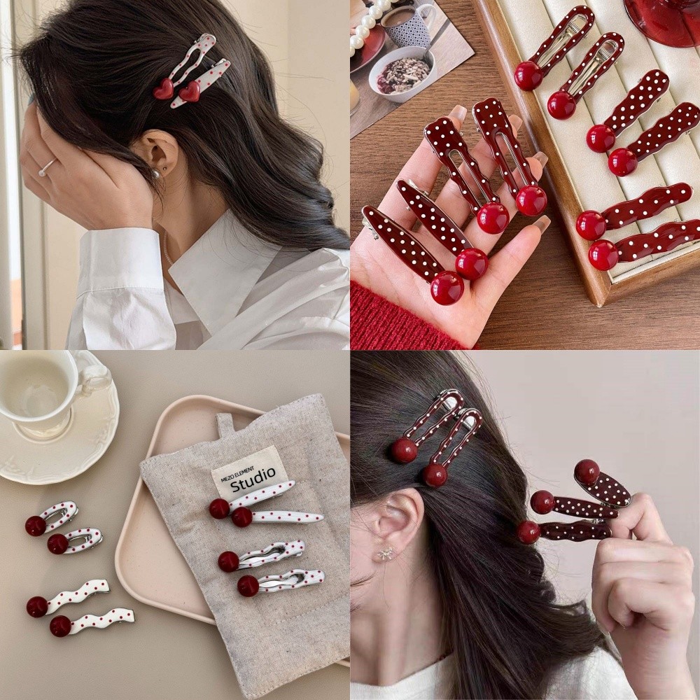 คลิปผมสีแดงวินเทจ หัวใจจุดขาวดำ โคตรติดผิว คลิปหน้าผมสไตล์หวานใจ