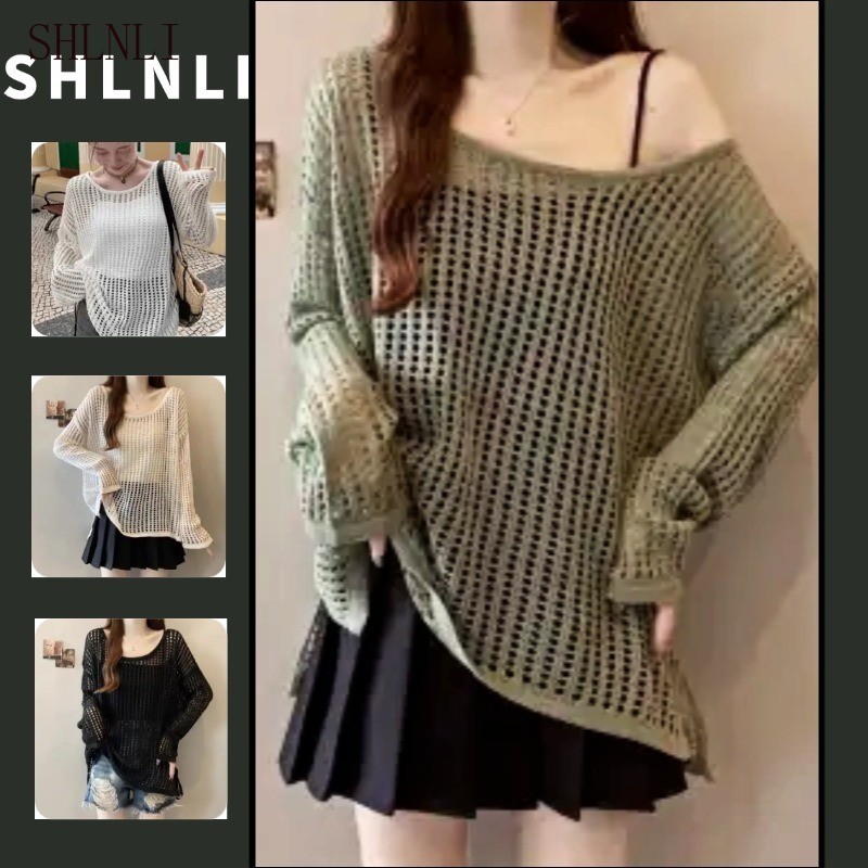 ผู้หญิงกลวงออกด้านนอกปกเสื้อฤดูใบไม้ผลิฤดูร้อนแฟชั่นคอกลมแขนยาวถักเสื้อครีมกันแดดด้านบน