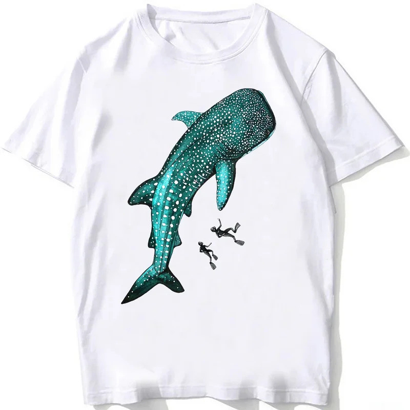 เสื้อยืดลายเต่าทะเลและฉลามวาฬสุดน่ารัก สีสันสดใส สำหรับผู้ชายและผู้หญิง เสื้อยืดชายหาด ดำน้ำ สีขาว ลำลอง ลายชีวิตใต้ทะเล