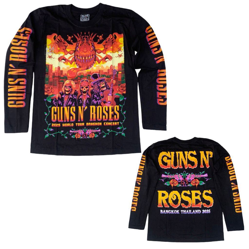 เสื้อยืดแขนยาวผ้าฝ้ายพรีเมี่ยมสำหรับผู้ชายและผู้หญิง ดีไซน์.Graphics Guns N' Roses 2025 Tour