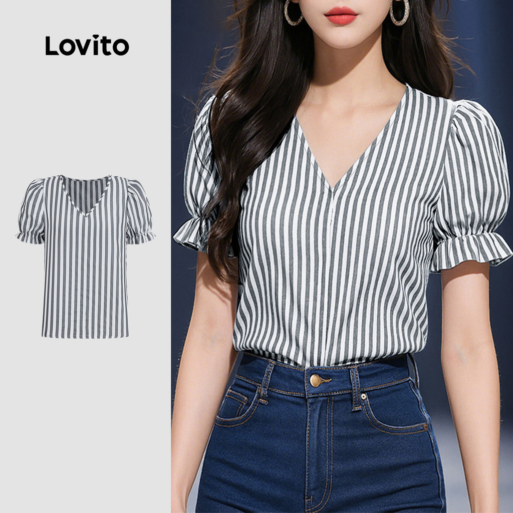 Lovito เสื้อแขนพัฟลายทางคอวี BLB154PBD363