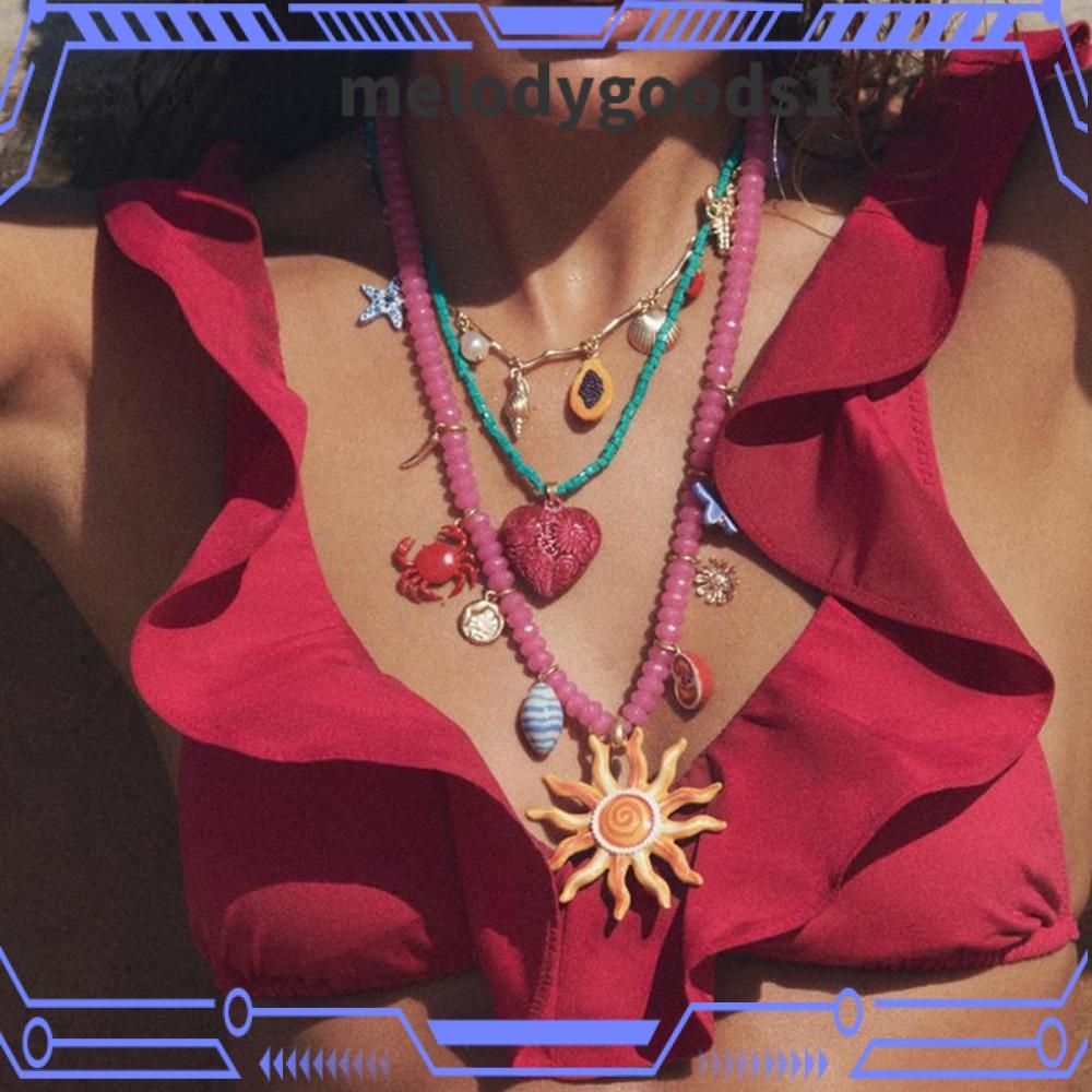 MELODYGOODS สร้อยคอลูกปัดวันหยุดฤดูร้อน พร้อมจี้ Dopamine Conch Crab และ Multi-layer Heart Ocean - ของขวัญพิเศษ