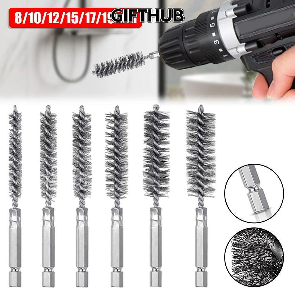 GIFTHUB 1/6ชิ้น เหล็ก เจาะ แปรง,ที่มีการจัดการ1/4 6.35มิลลิเมตร ฐานสิบหก ก้านบิดลวด เจาะ,8-19มิลลิเมตรสแตนเลสซักผ้าขัดเครื่องมือทําความสะอาดแปรงสําหรับพลังงานเจาะผลกระทบขั