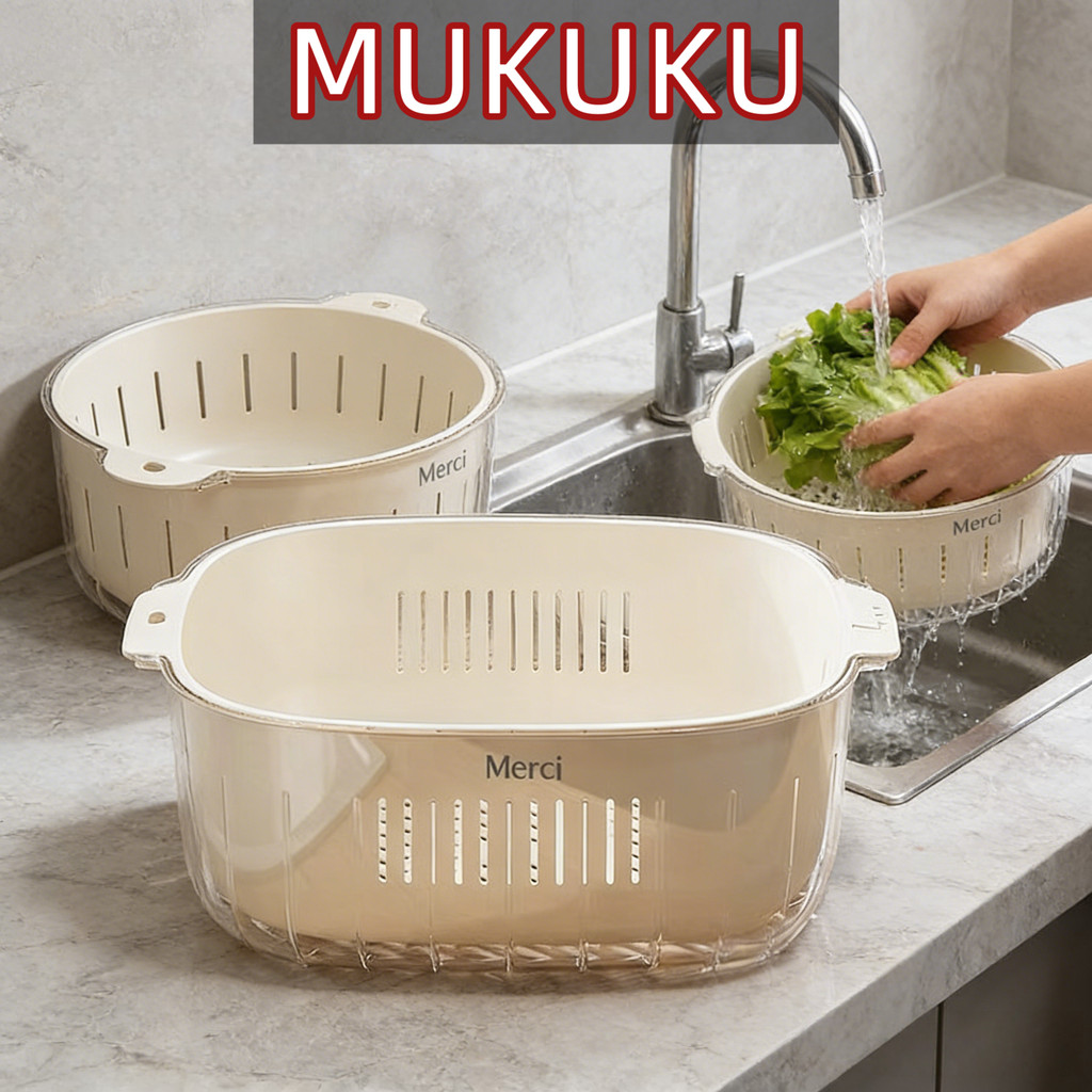 MUKUKU ภาชนะล้างผักผลไม้ 2 ชั้น พลาสติกใสหนา ระบายน้ำเร็ว ไม่อมน้ำ เหมาะสำหรับใช้งานทุกวัน