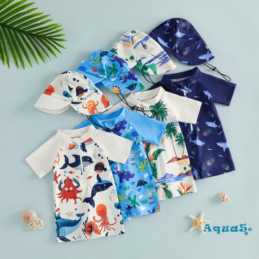AQQ-Kids Boys Rash Guard ชุดว่ายน้ําพิมพ์แขนสั้นและหมวกว่ายน้ําแบบพิมพ์สัตว์ทะเล เหมาะสำหรับเด็กอายุ 0-4 ปี