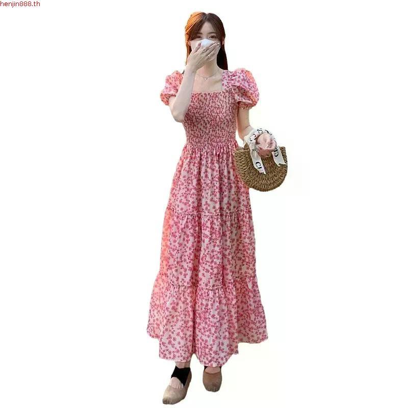 Gjcute ชุดเดรสยาว คอสี่เหลี่ยม พิมพ์ลายดอกไม้ สไตล์เรโทร สําหรับสตรี WTD