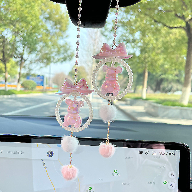 Aurora Shiny Bow Bear จี้รถตุ๊กตาน่ารักกระจกมองหลังแขวนเครื่องประดับสําหรับผู้หญิง