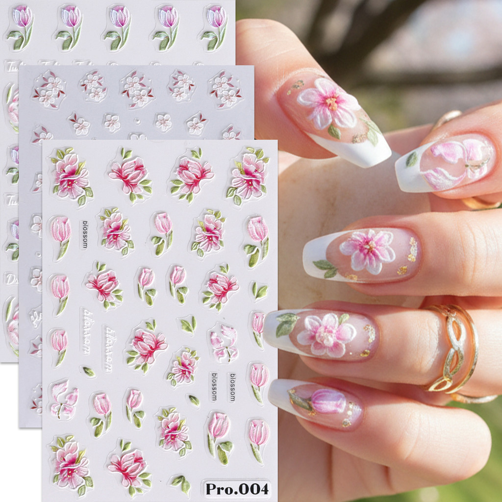 HAMA 3D สติ๊กเกอร์ติดเล็บนูนดอกไม้สดออกแบบ Rose Tulip Sakura Nail Art Decals สําหรับผู้หญิง – โปรปัง
