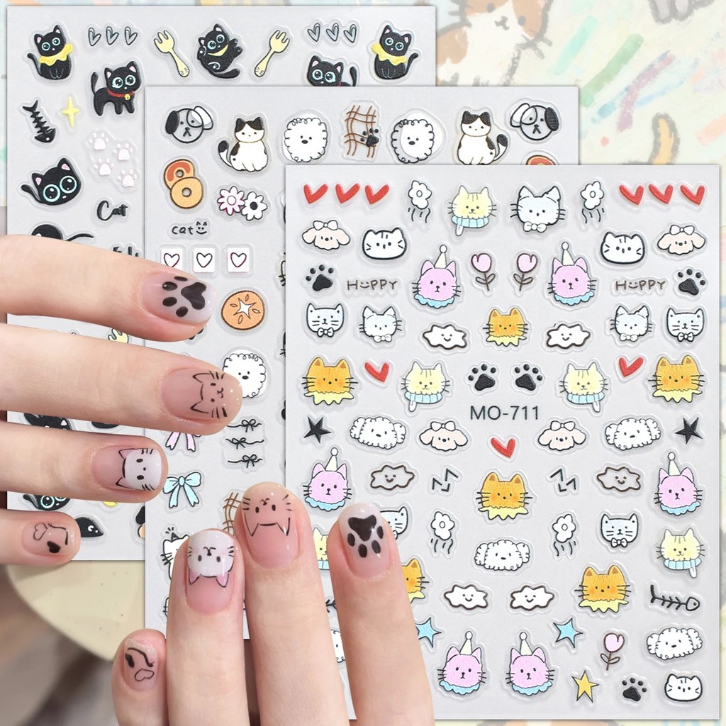 3/6/12 แผ่นน่ารักสีดํา Hairy Cat สติ๊กเกอร์ติดเล็บการ์ตูน Cat Nail Decals 5D นูนสัตว์ตกแต่งเล็บ DIY
