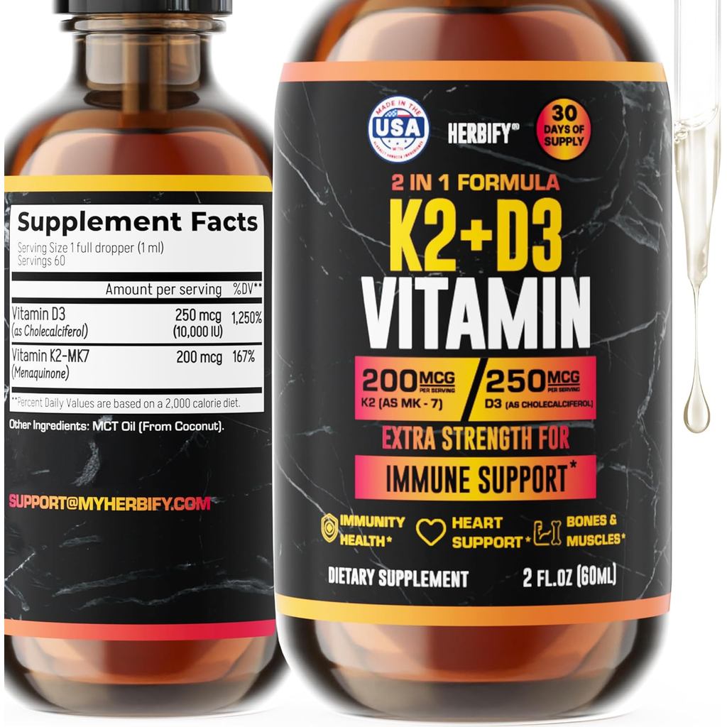Vitamin D3 K2 Drops – Liquid Vitamins for Women, Men & Teen - Bone Strength Supplements - D3 K2 Mt V