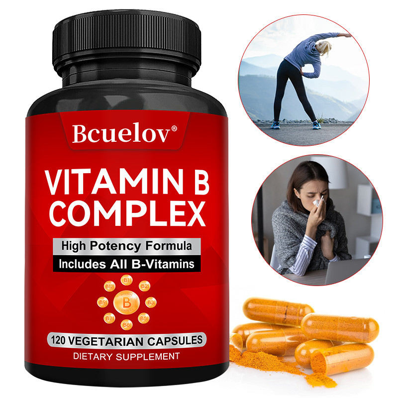 Bcuelov Super B-Complex Vitamins - ประกอบด้วยวิตามิน B12, B1, B2, B3, B5, B6, B7, B9 และกรดโฟลิก - อ