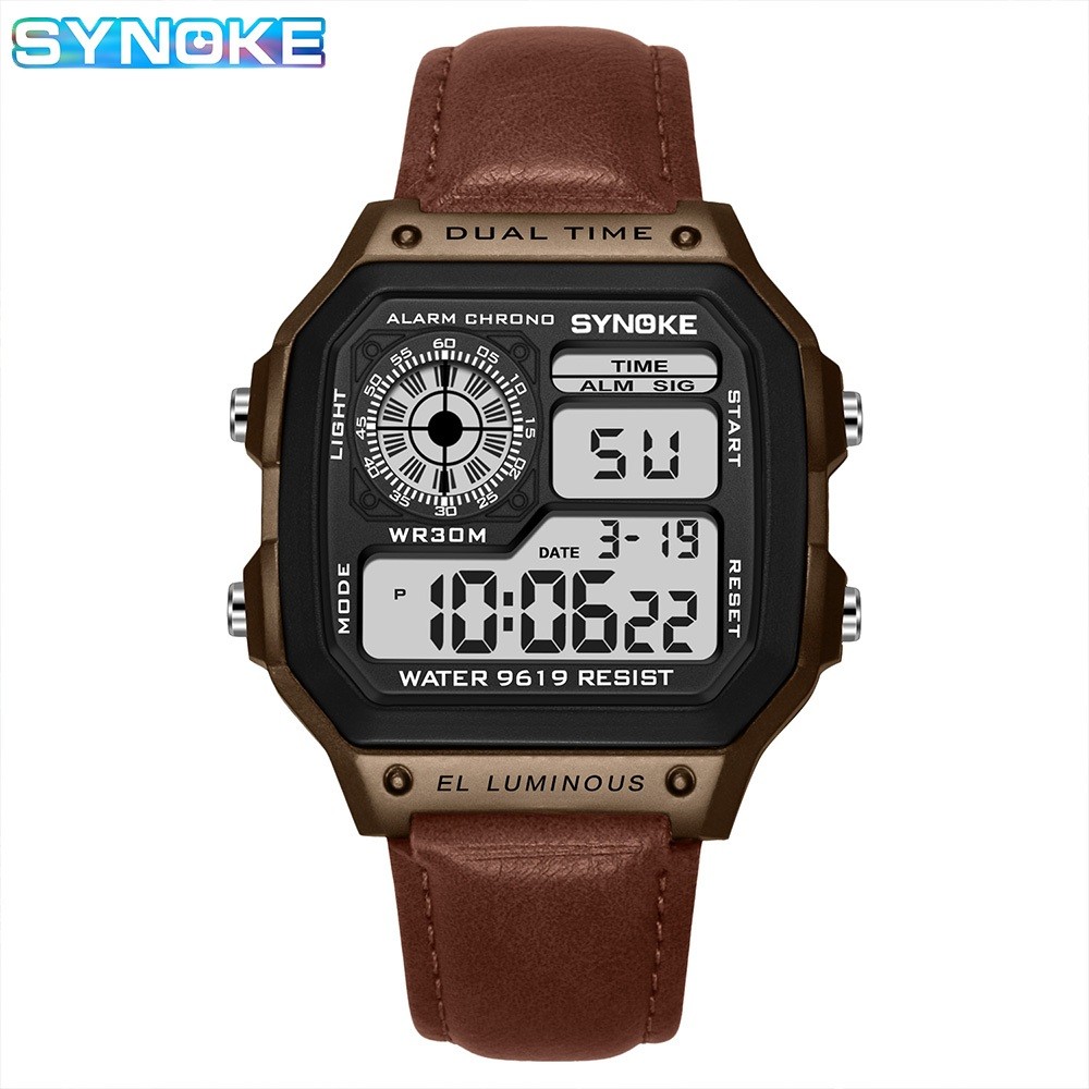 SYNOKE นาฬิกาผู้ชายสายหนังดิจิตอลกันน้ํากีฬานาฬิกาอิเล็กทรอนิกส์