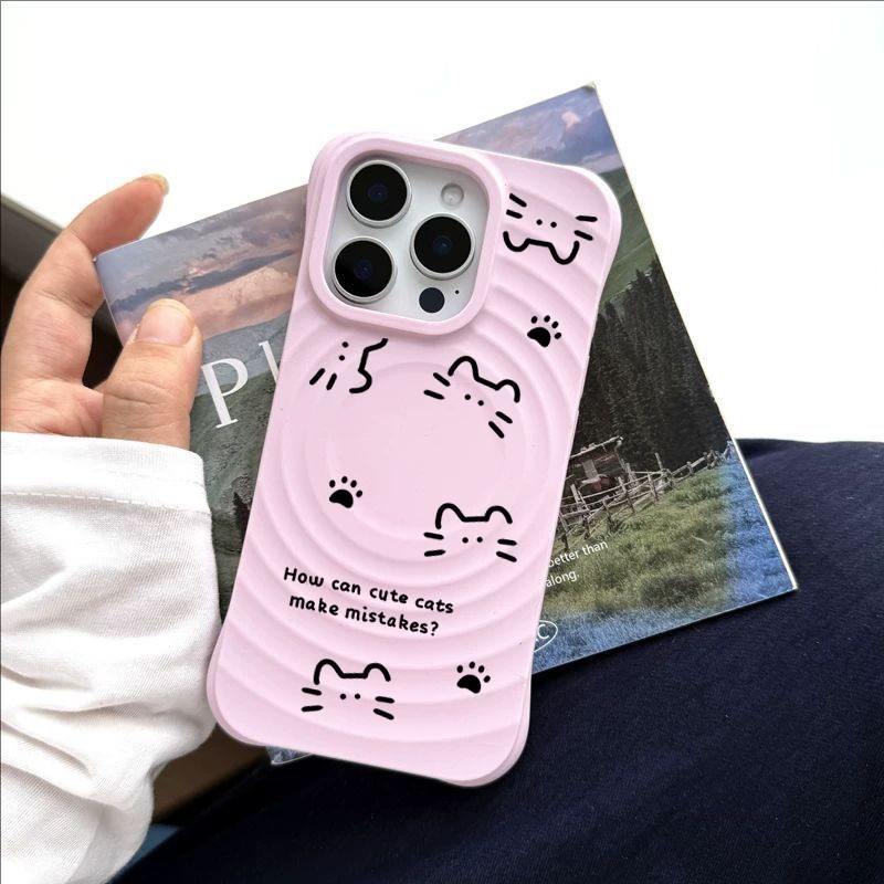 เคสไอโฟน แม่เหล็ก มุมหนา ป้องกันหล่น ลายแมวเส้นสีดำ มี 3 สีให้เลือก 17/17Pro/17ProMax/16/16Pro/16ProMax/15/14/13