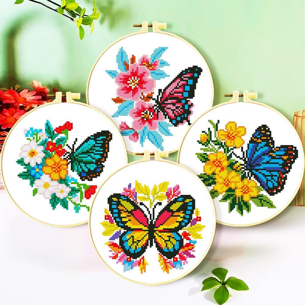 Zhenqing 4-Pack Butterfly Cross Stitch Kits – 11CT 24x24cm Aida Cloth with Blue, Pink & Floral Desig