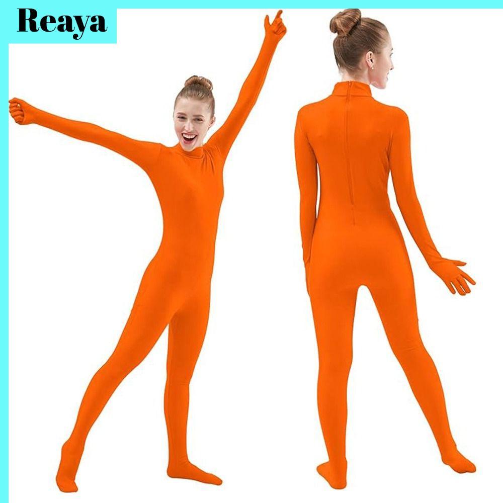 REAYA ผู้หญิง Zentai Jumpsuit, Spandex BodySuit สีส้มแฟชั่น สำหรับปาร์ตี้และสวมใส่ได้อย่างคล่องแคล่ว