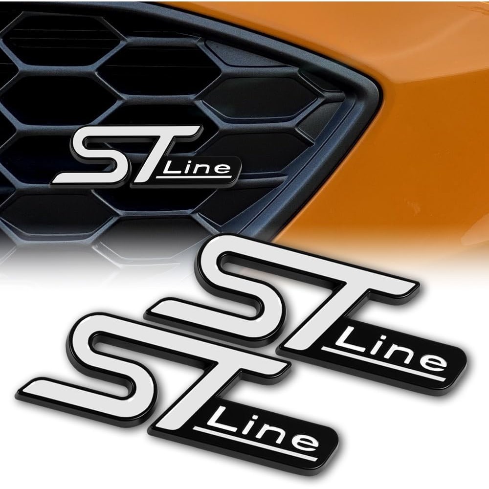 Q1-TECH, 2 PCS ST Line Emblem 3D ป้ายโลหะรถ Hood รถบรรทุกประตูด้านข้างด้านหลังสติกเกอร์ Emblem สําหร