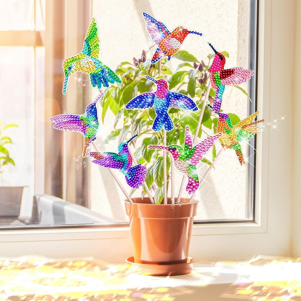 BSRESIN 8 ชิ้น Hummingbird Diamond Art สําหรับตกแต่งสวน, Garden Stake Craft ชุดสําหรับผู้ใหญ่, Diamo