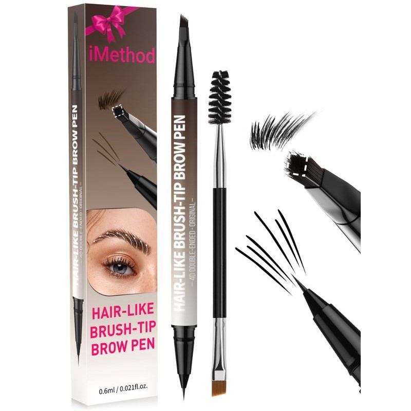 IMethod 4D Brow Pen, 2-in-1 ดินสอเขียนคิ้วพร้อม Microblading กันน้ําและ Dual-Ended อายไลเนอร์แปรงสํา